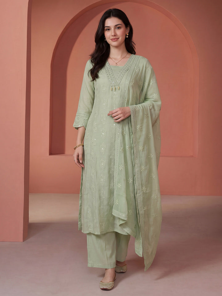 Cream Embroidered Cotton Blend Kurta With Pant &amp; Dupatta