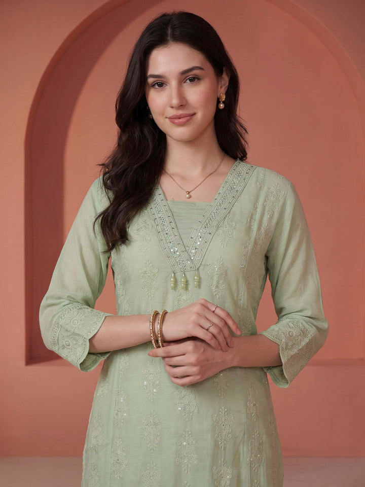 Cream Embroidered Cotton Blend Kurta With Pant &amp; Dupatta