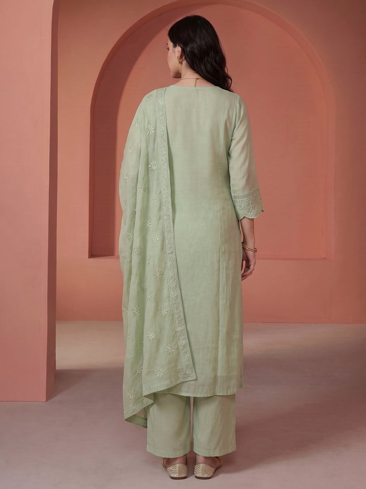 Cream Embroidered Cotton Blend Kurta With Pant &amp; Dupatta
