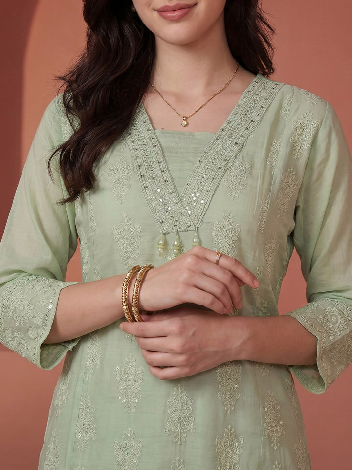 Cream Embroidered Cotton Blend Kurta With Pant &amp; Dupatta