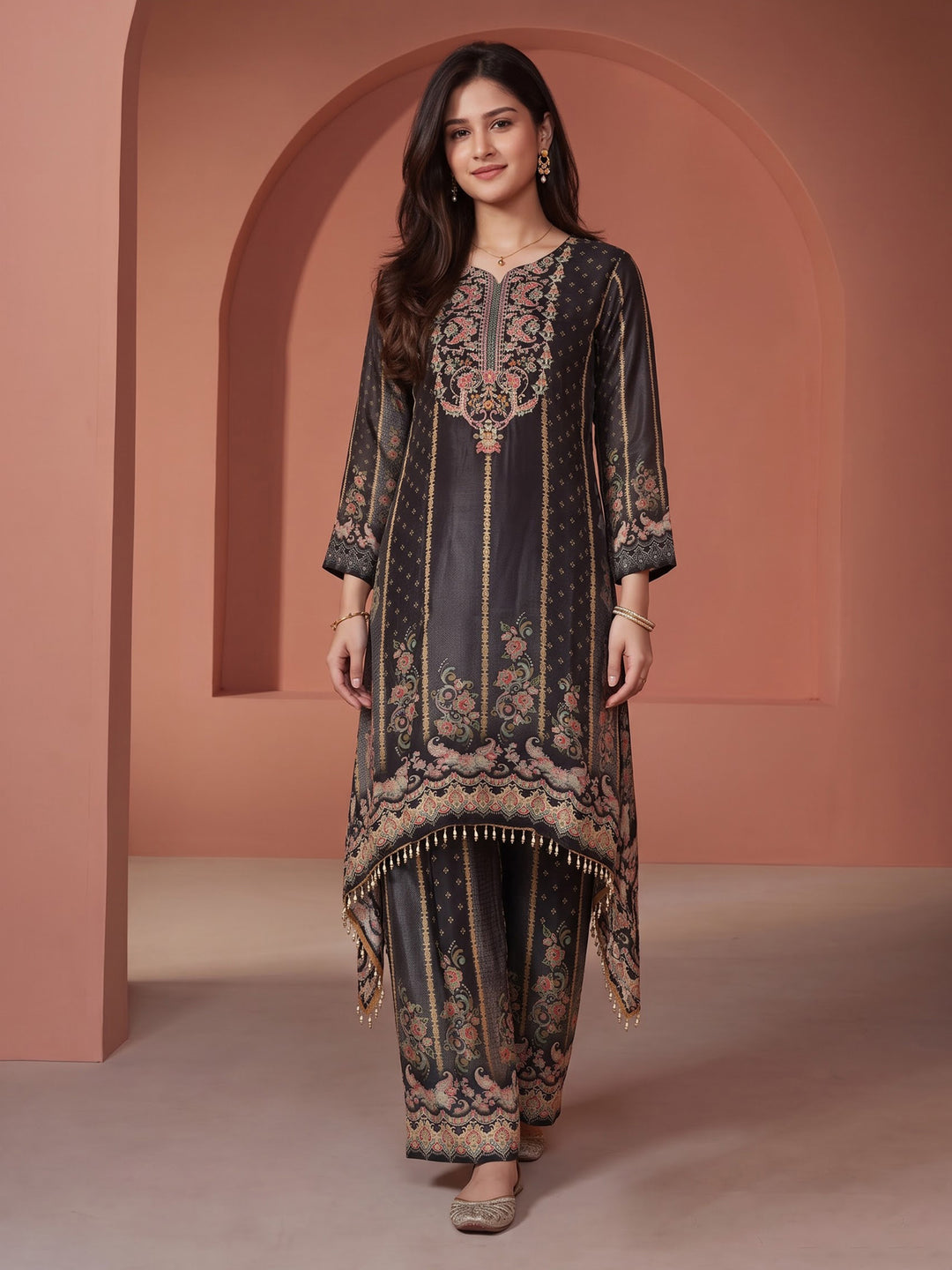 Black Printed Crepe Kurta Set