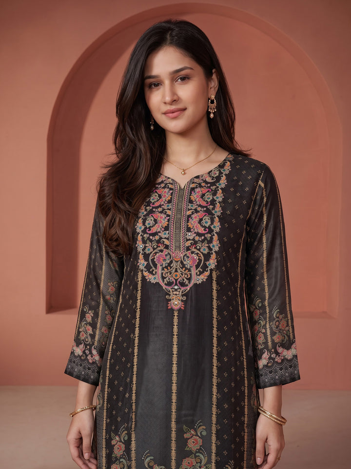 Black Printed Crepe Kurta Set