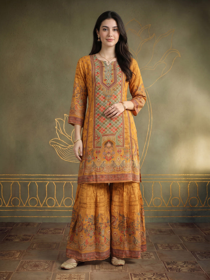 Mustard Printed Crepe Kurta Set