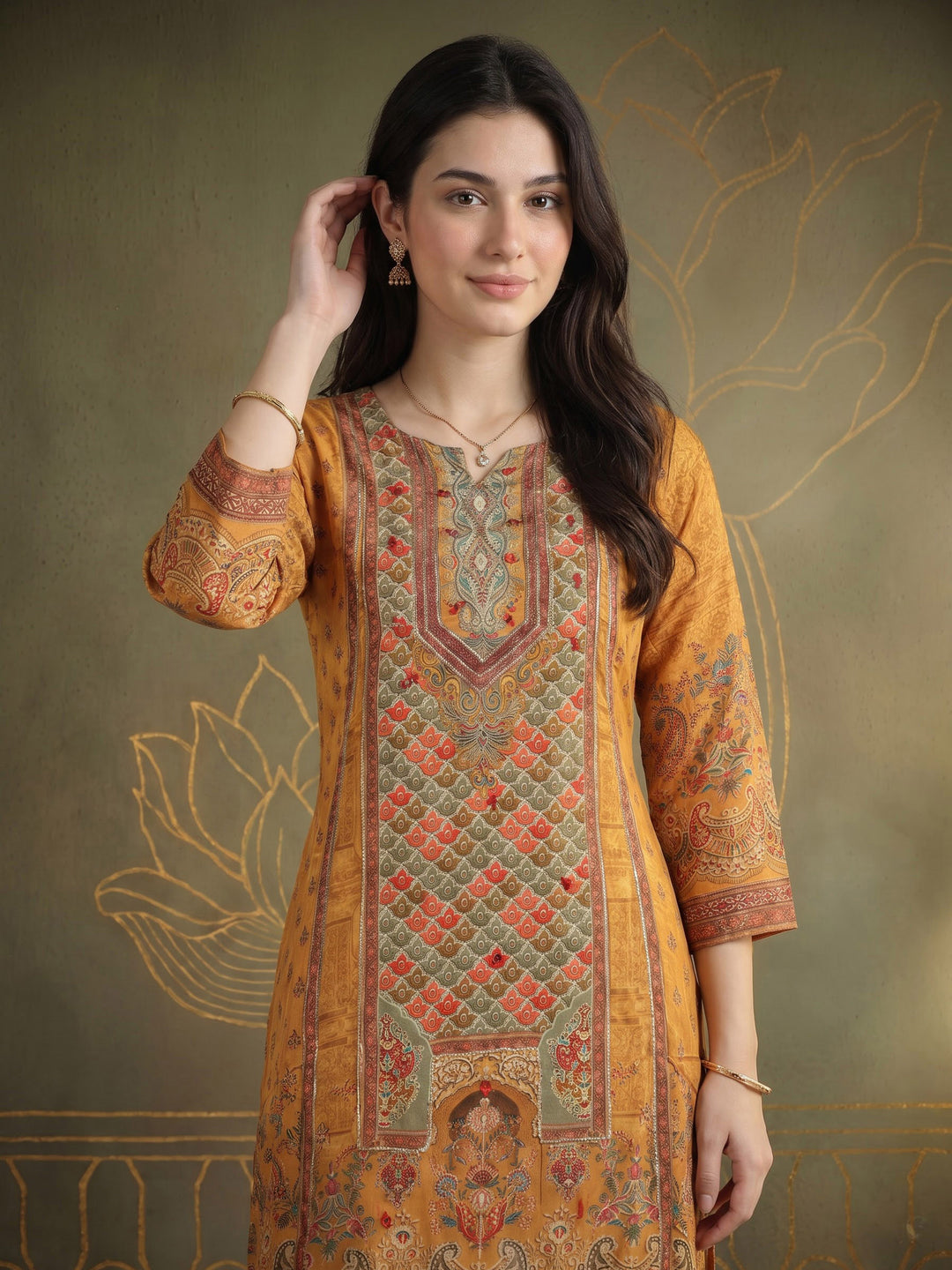 Mustard Printed Crepe Kurta Set