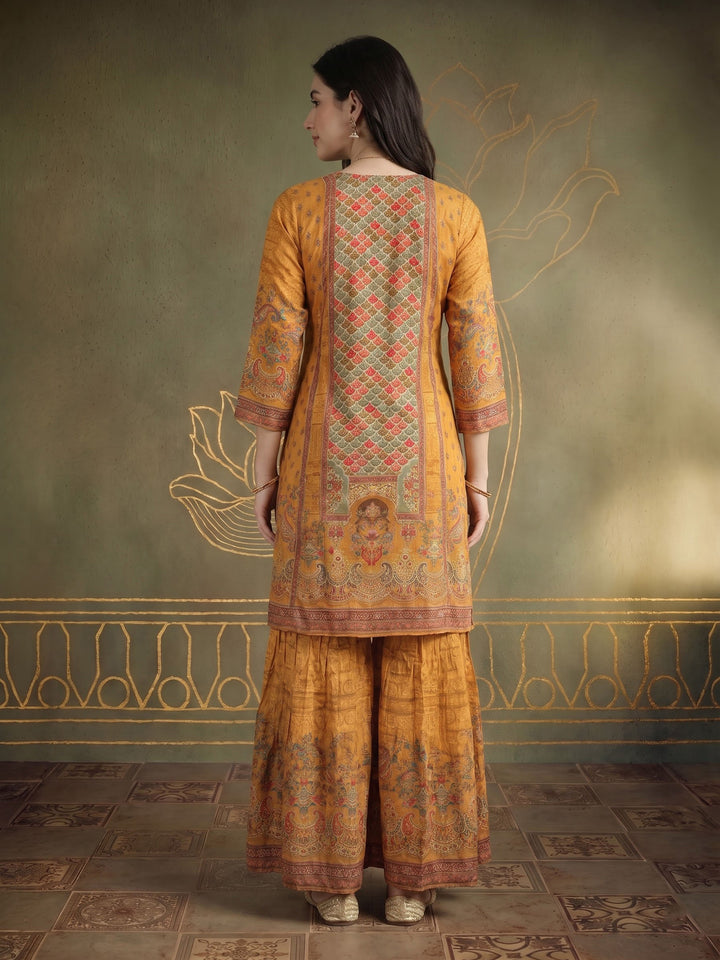 Mustard Printed Crepe Kurta Set