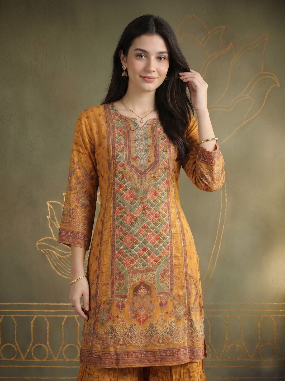 Mustard Printed Crepe Kurta Set