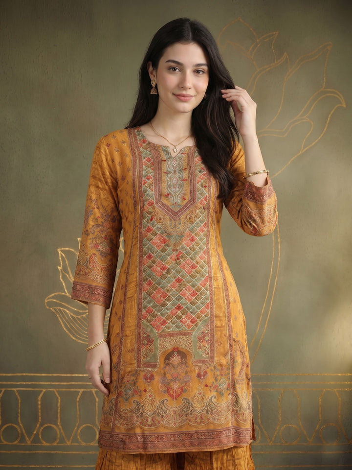 Mustard Printed Crepe Kurta Set
