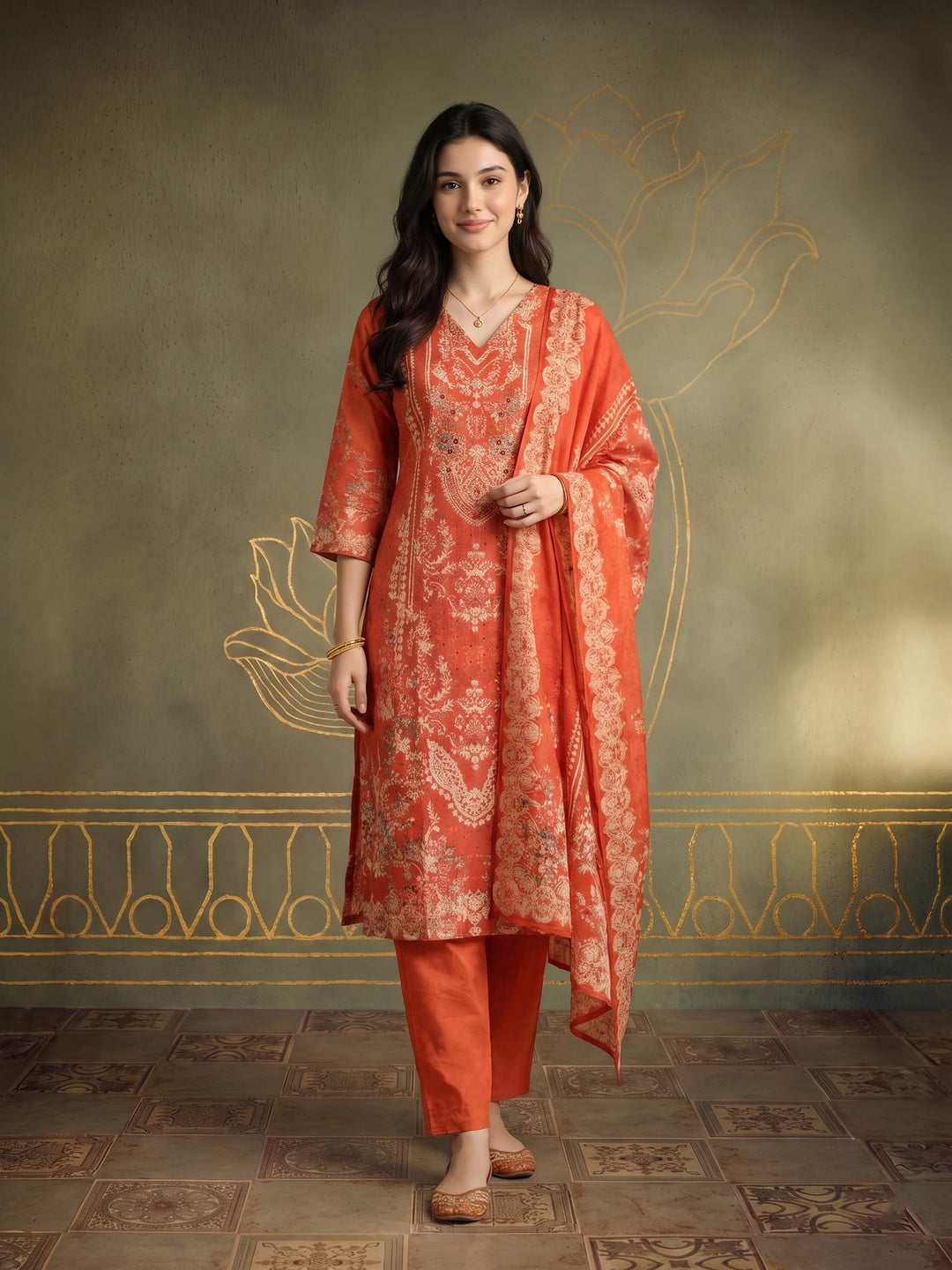 Rust Printed Cotton Blend Kurta With Pant &amp; Dupatta