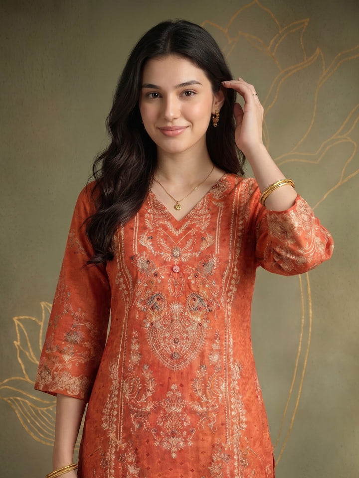 Rust Printed Cotton Blend Kurta With Pant &amp; Dupatta
