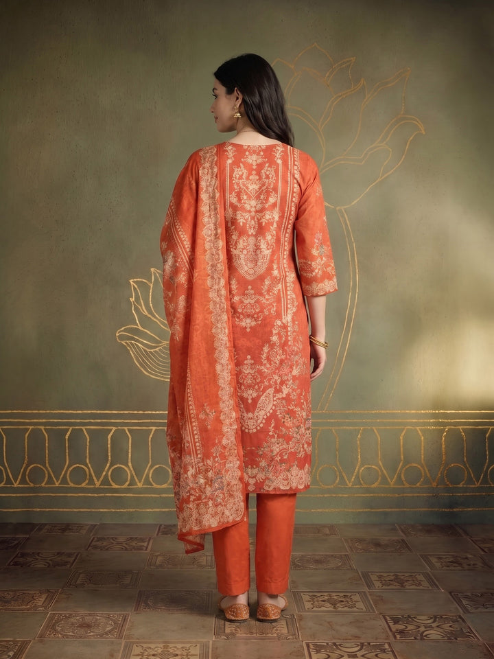 Rust Printed Cotton Blend Kurta With Pant &amp; Dupatta