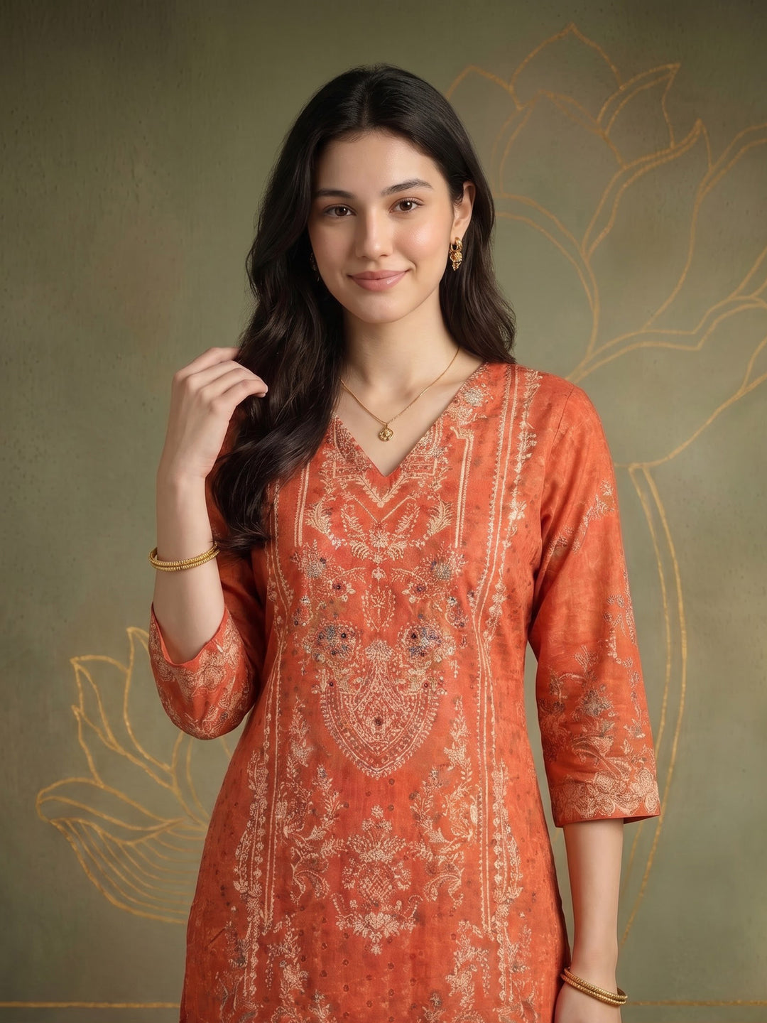 Rust Printed Cotton Blend Kurta With Pant &amp; Dupatta