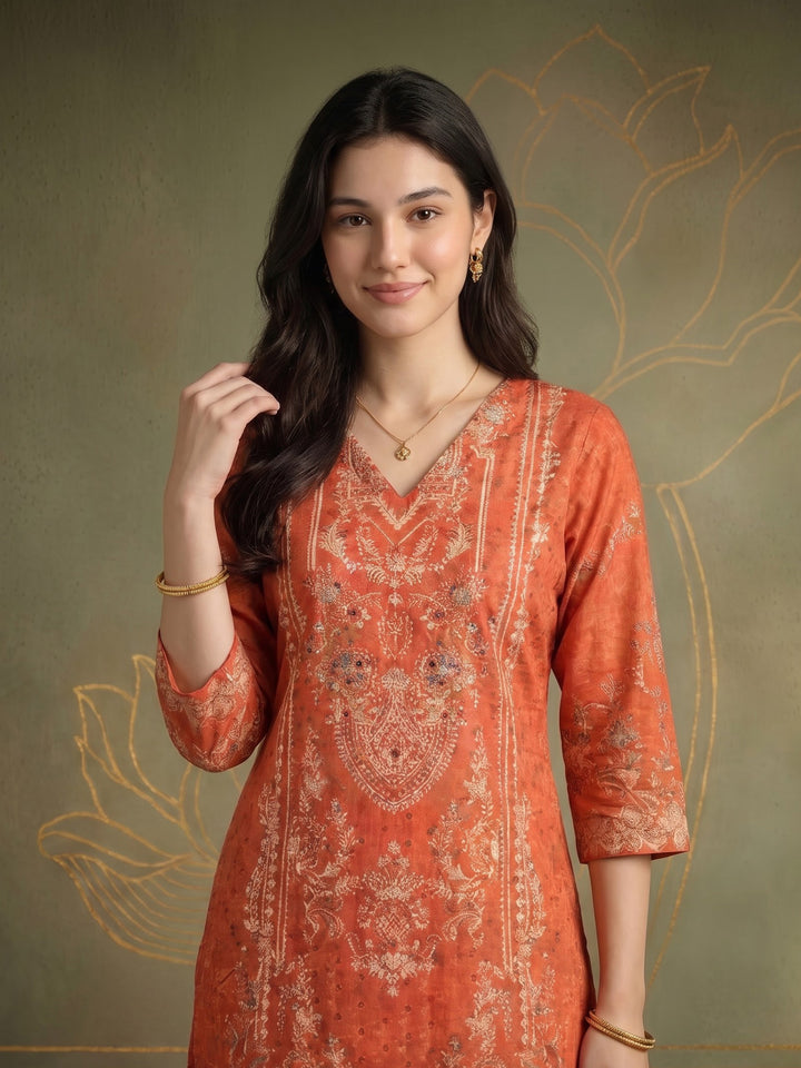 Rust Printed Cotton Blend Kurta With Pant &amp; Dupatta