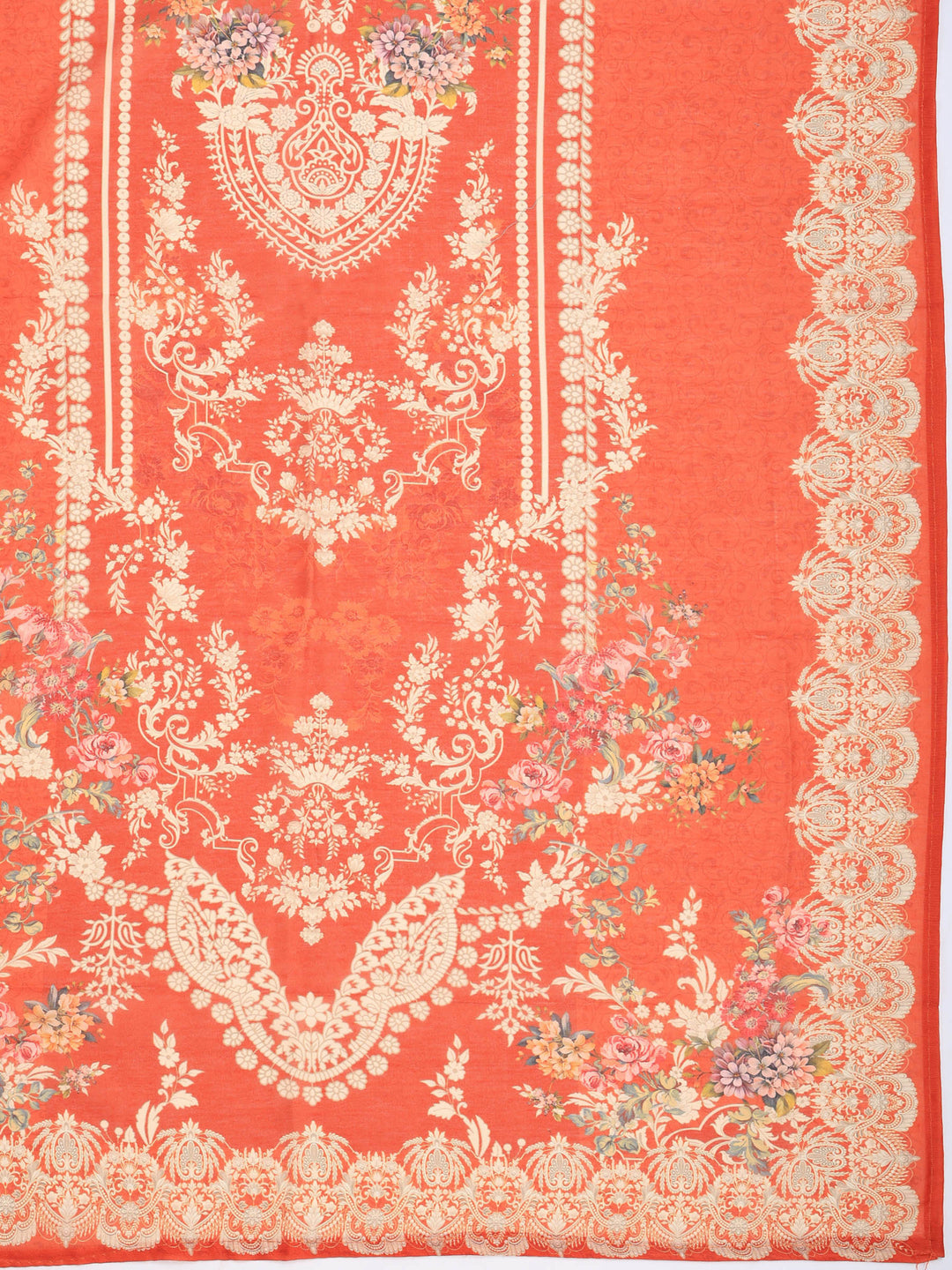Rust Printed Cotton Blend Kurta With Pant &amp; Dupatta