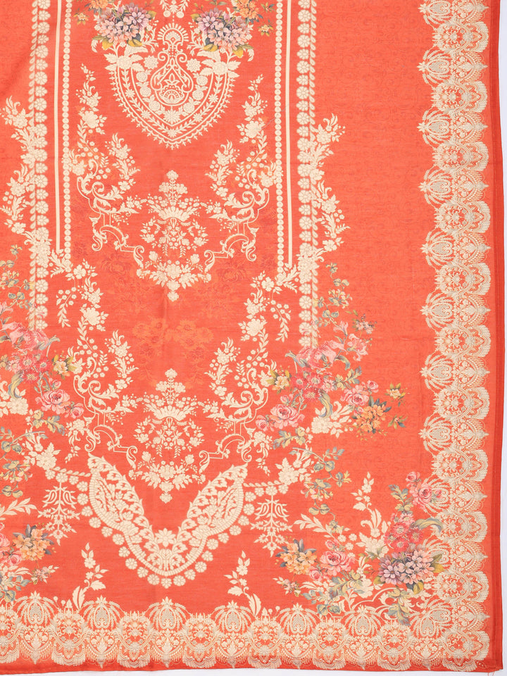 Rust Printed Cotton Blend Kurta With Pant &amp; Dupatta