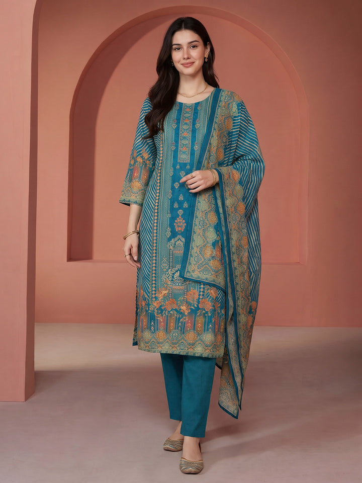 Blue Printed Cotton Blend Kurta With Pant &amp; Dupatta