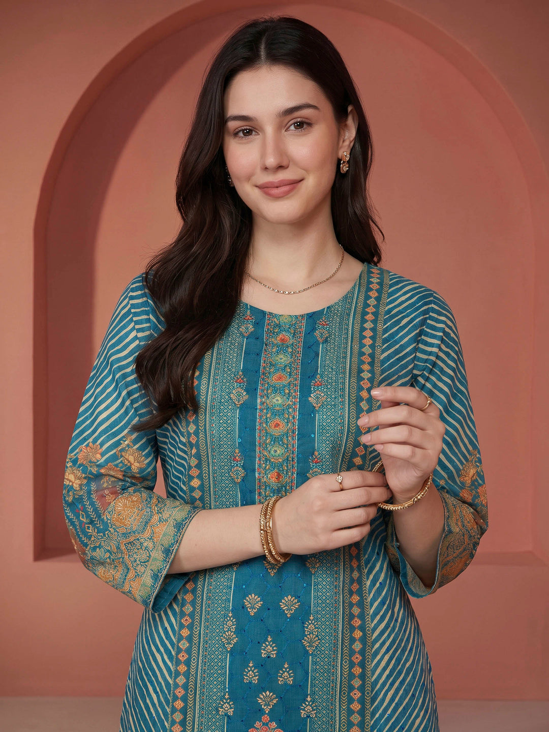 Blue Printed Cotton Blend Kurta With Pant &amp; Dupatta
