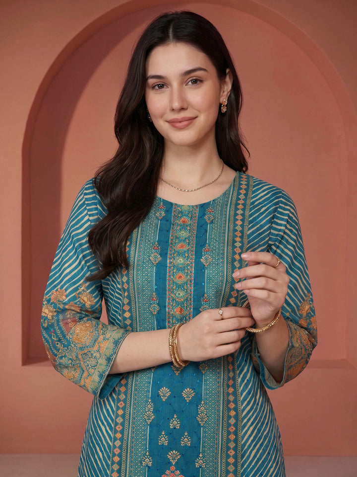 Blue Printed Cotton Blend Kurta With Pant &amp; Dupatta