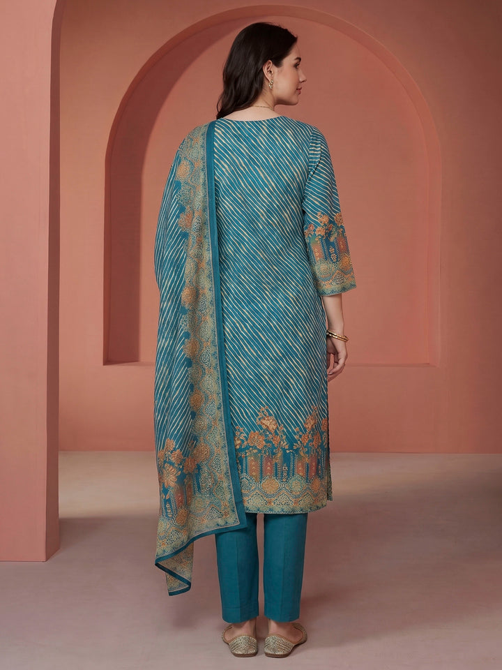 Blue Printed Cotton Blend Kurta With Pant &amp; Dupatta