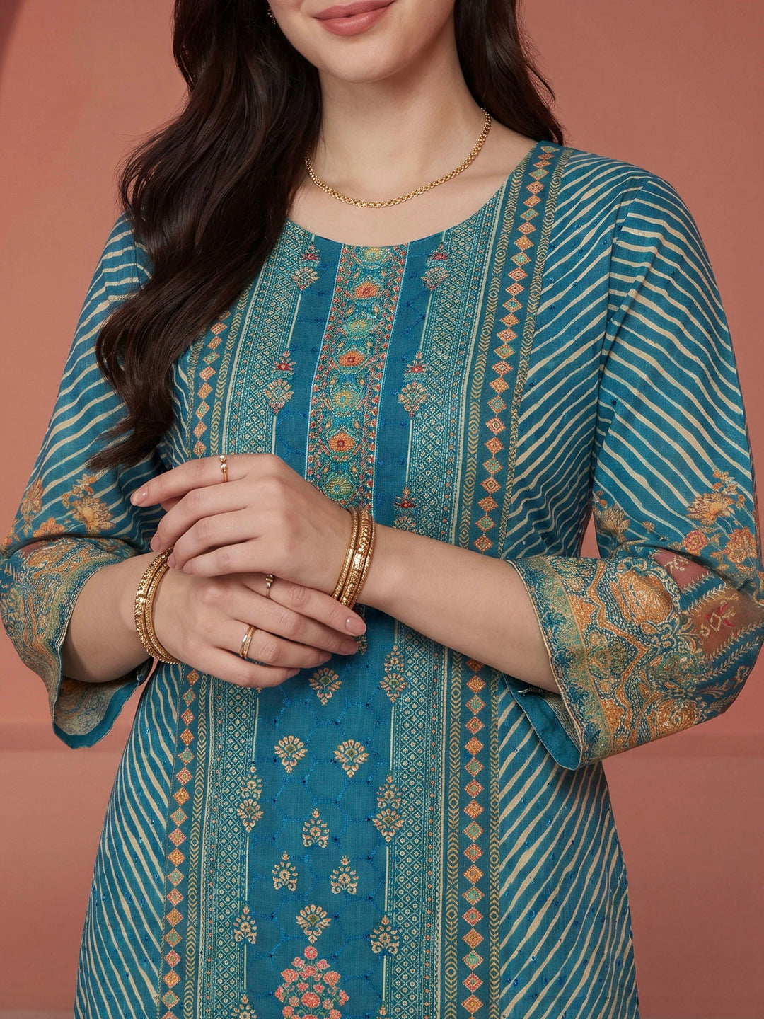 Blue Printed Cotton Blend Kurta With Pant &amp; Dupatta