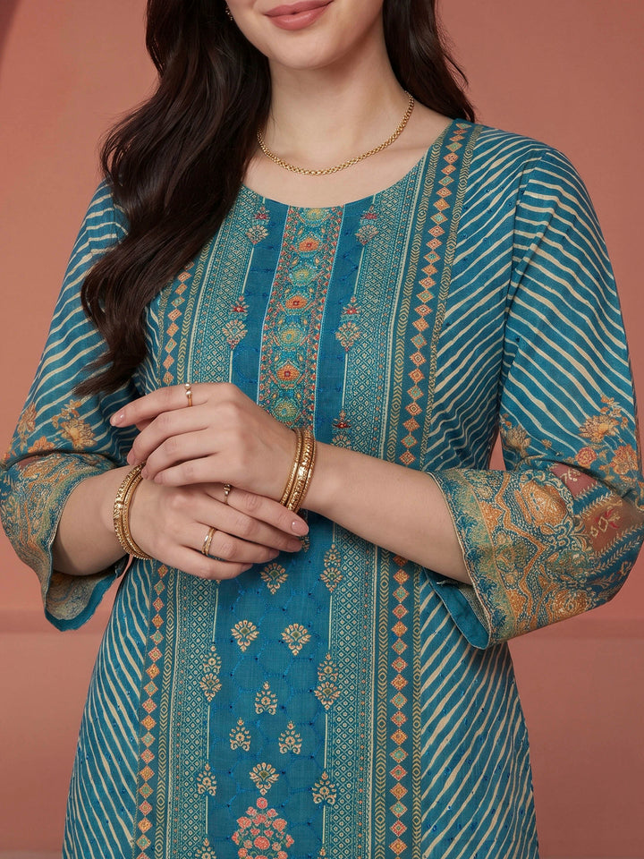 Blue Printed Cotton Blend Kurta With Pant &amp; Dupatta