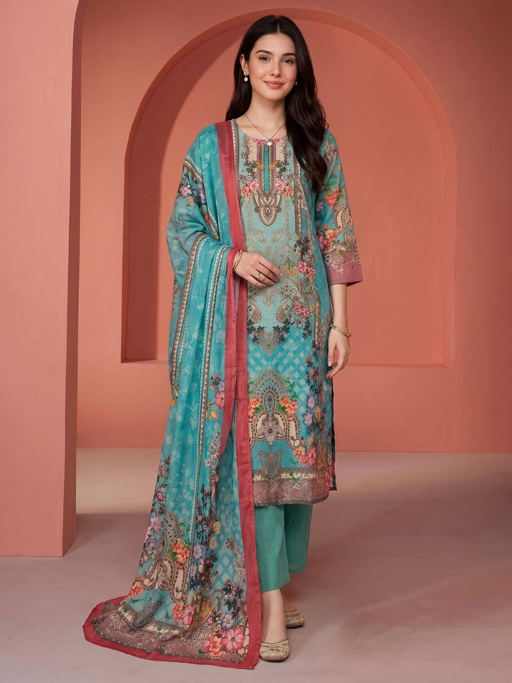 Sea Green Printed Cotton Blend Kurta With Pant &amp; Dupatta