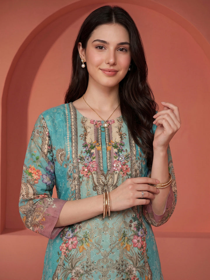 Sea Green Printed Cotton Blend Kurta With Pant &amp; Dupatta