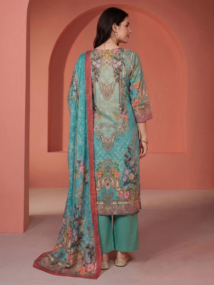 Sea Green Printed Cotton Blend Kurta With Pant &amp; Dupatta