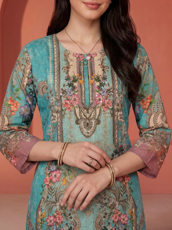 Sea Green Printed Cotton Blend Kurta With Pant &amp; Dupatta