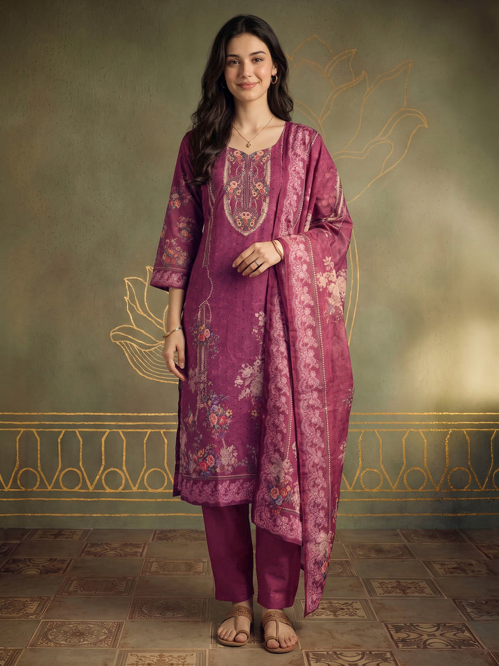 Magenta Printed Cotton Blend Kurta With Pant &amp; Dupatta