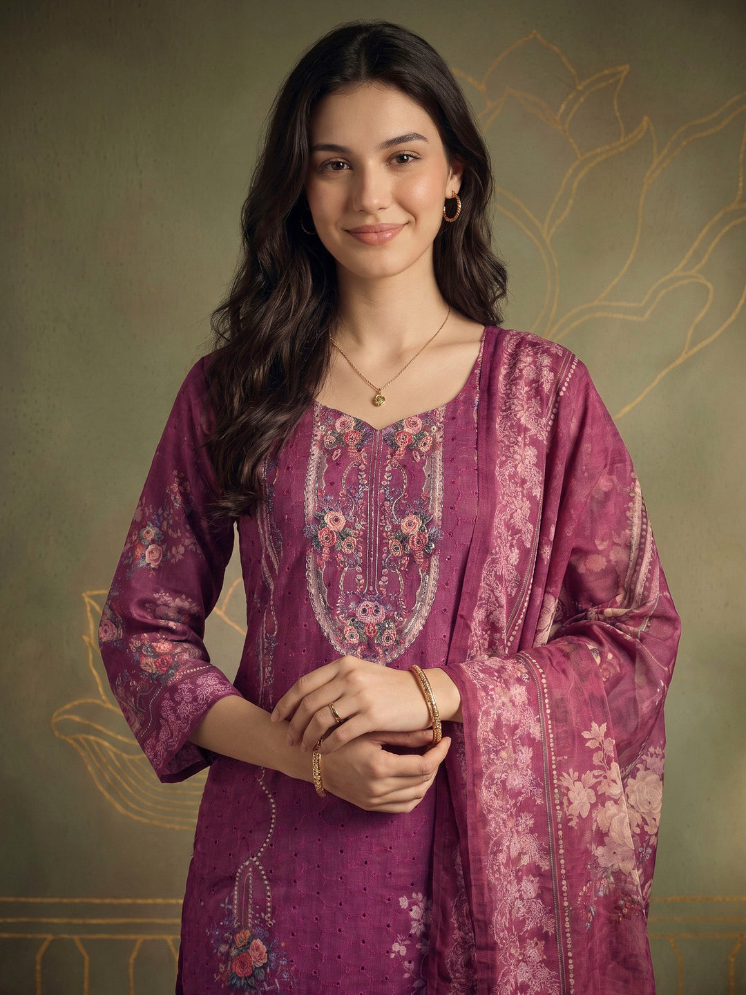 Magenta Printed Cotton Blend Kurta With Pant &amp; Dupatta