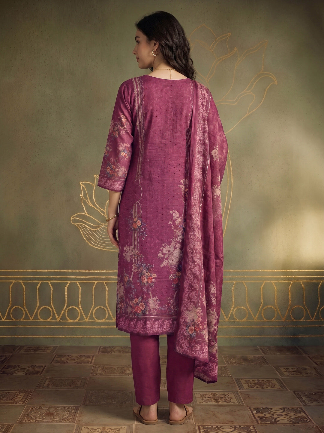 Magenta Printed Cotton Blend Kurta With Pant &amp; Dupatta