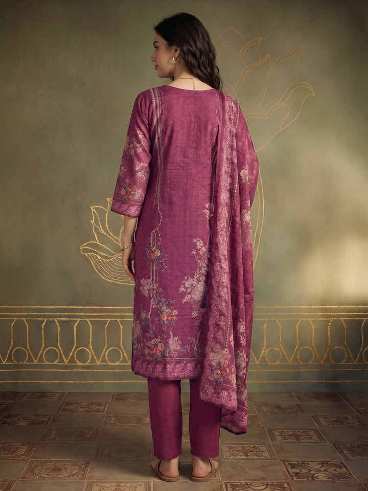 Magenta Printed Cotton Blend Kurta With Pant &amp; Dupatta