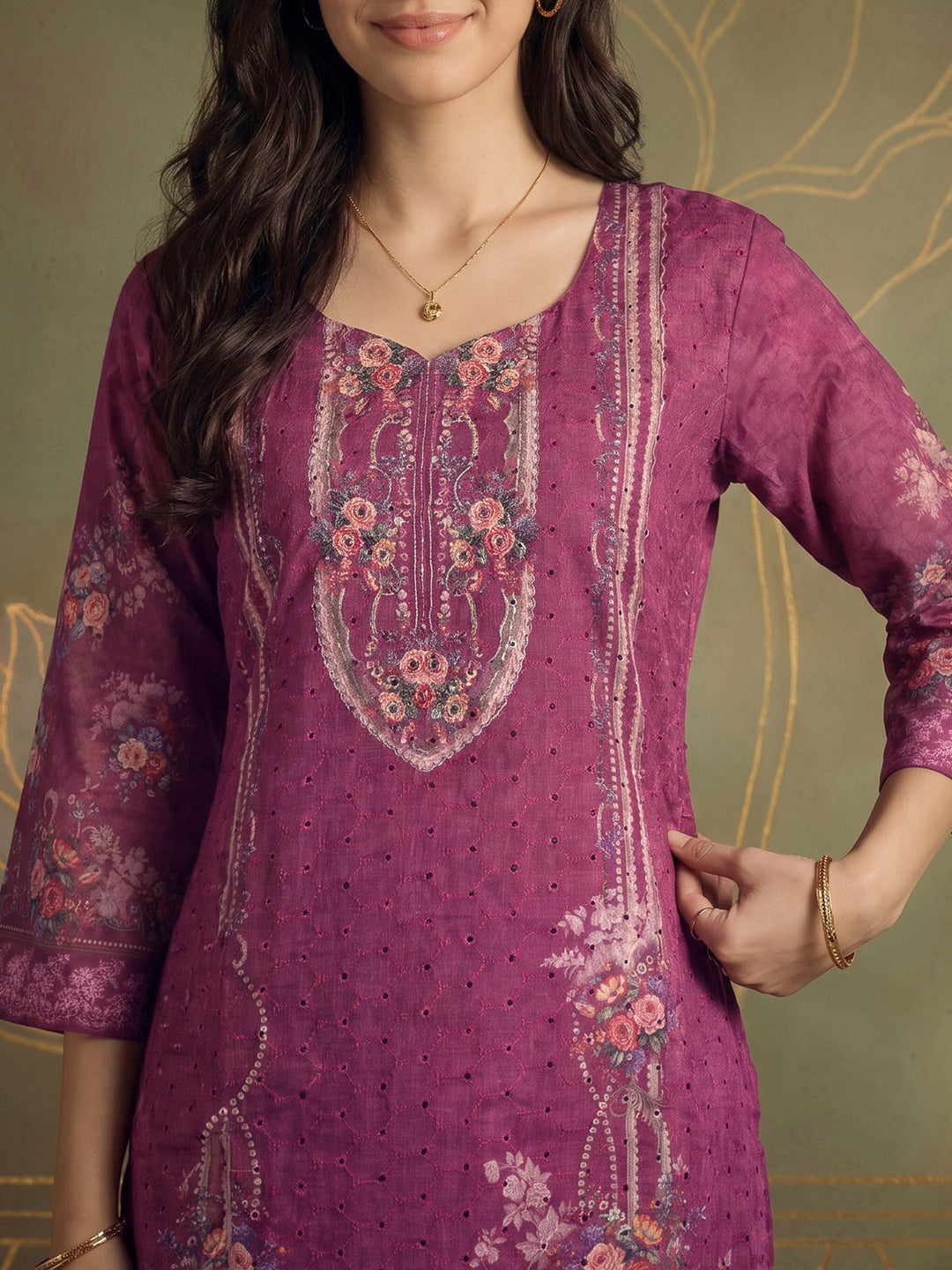 Magenta Printed Cotton Blend Kurta With Pant &amp; Dupatta