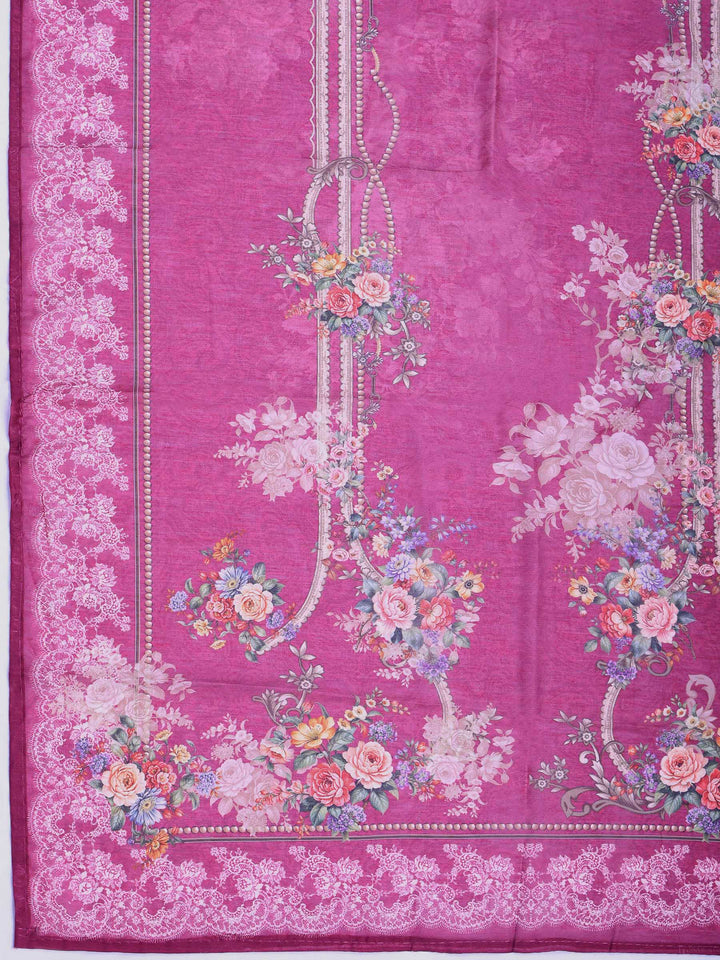 Magenta Printed Cotton Blend Kurta With Pant &amp; Dupatta