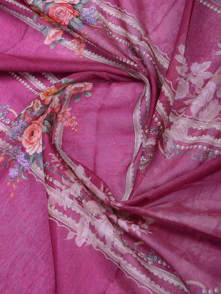 Magenta Printed Cotton Blend Kurta With Pant &amp; Dupatta