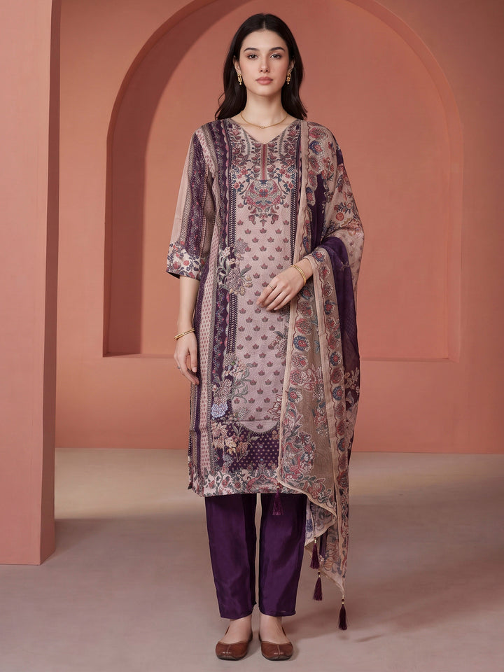 Purple Printed Crepe Kurta With Pant &amp; Dupatta
