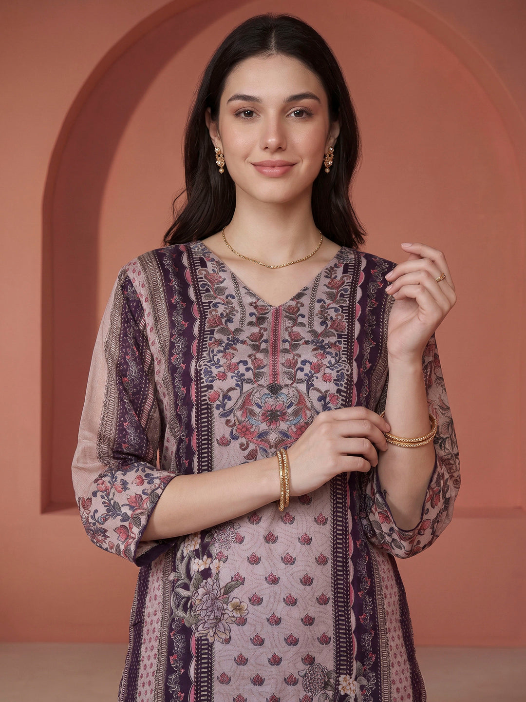 Purple Printed Crepe Kurta With Pant &amp; Dupatta
