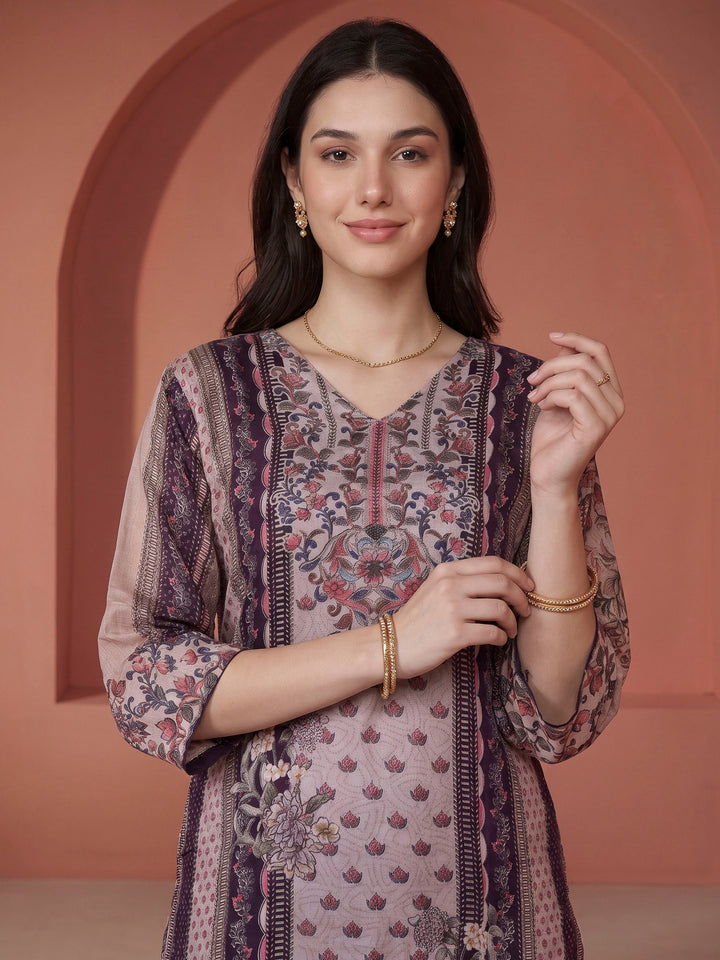 Purple Printed Crepe Kurta With Pant &amp; Dupatta