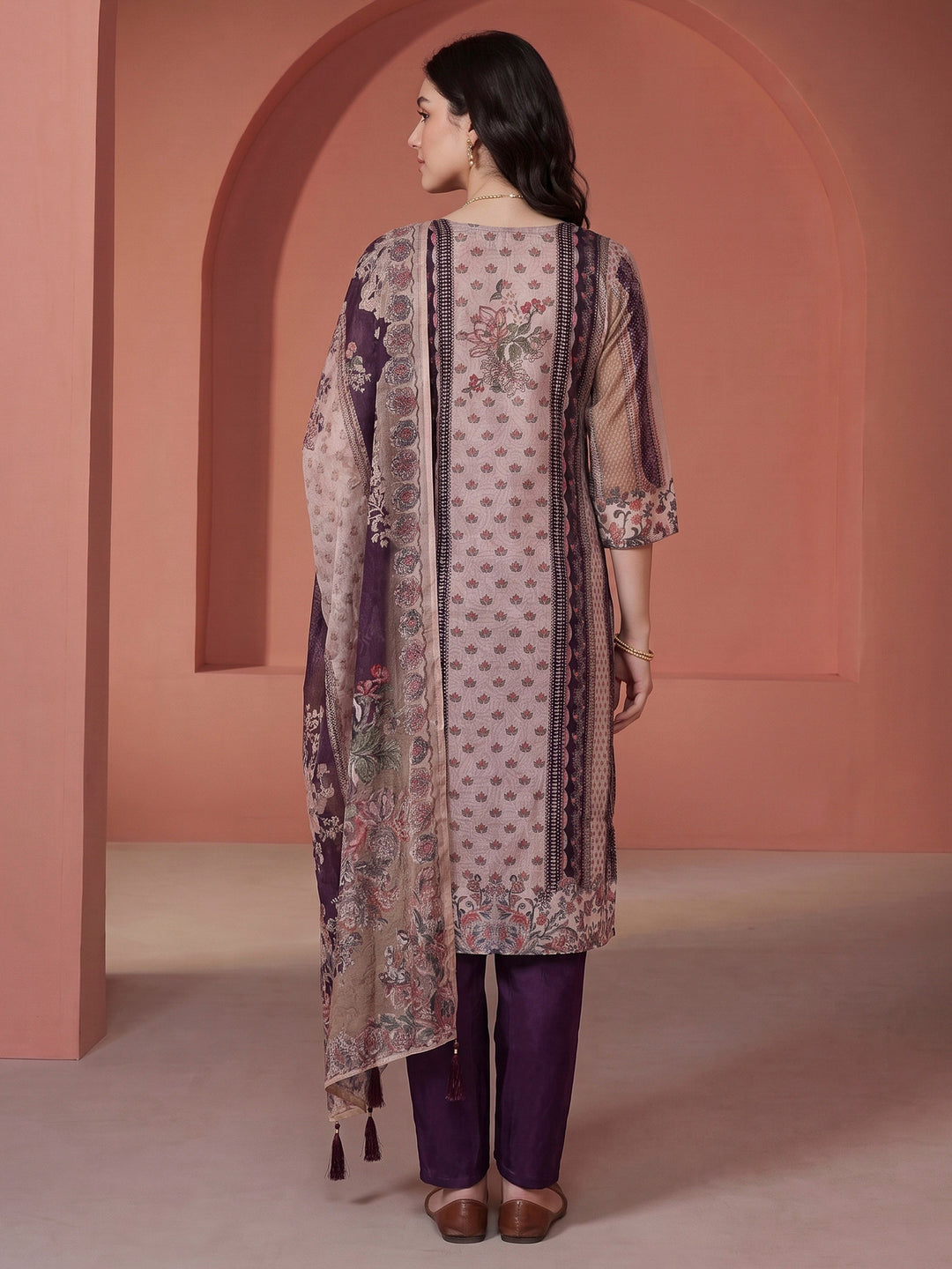 Purple Printed Crepe Kurta With Pant &amp; Dupatta