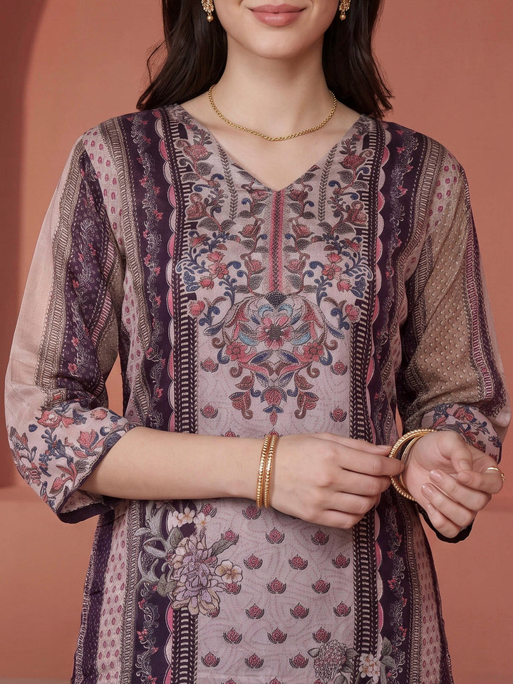 Purple Printed Crepe Kurta With Pant &amp; Dupatta
