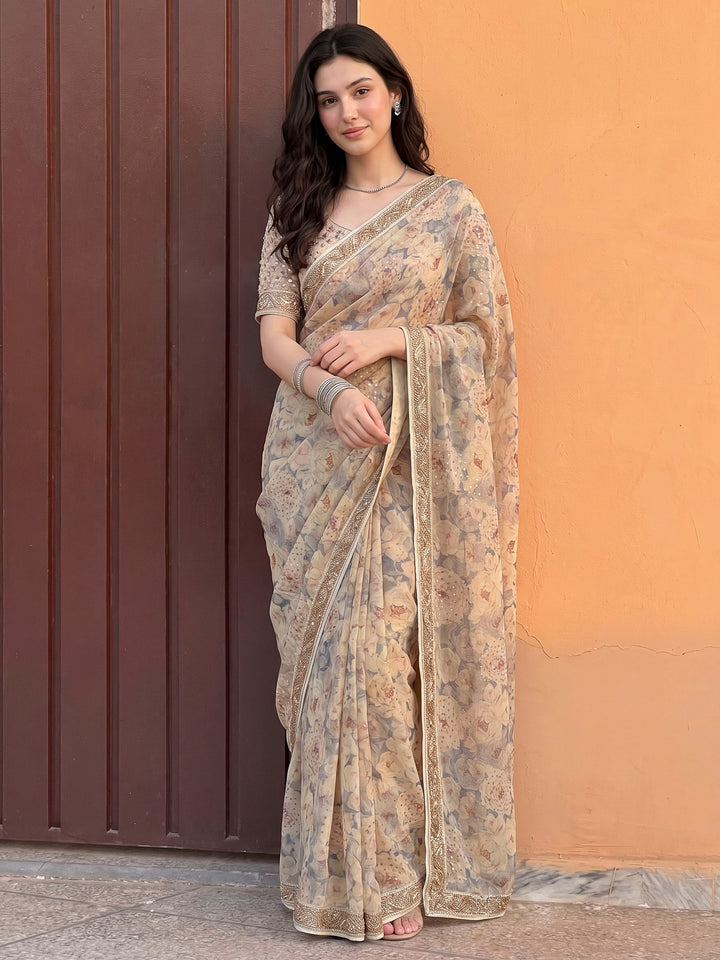 Grey Art Silk Printed Saree