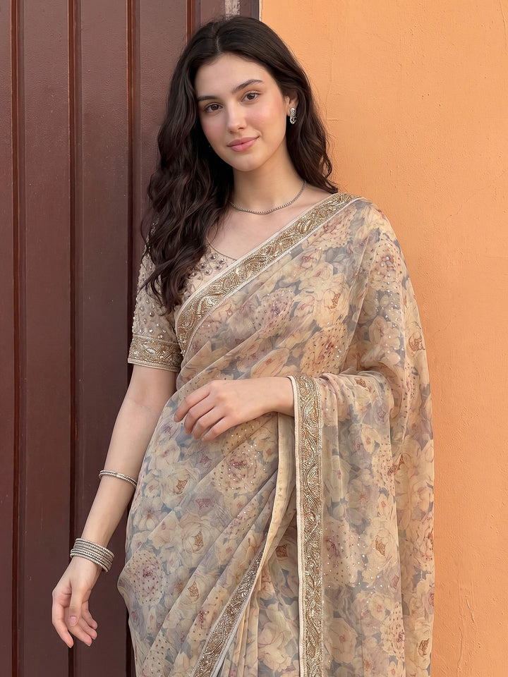 Grey Art Silk Printed Saree