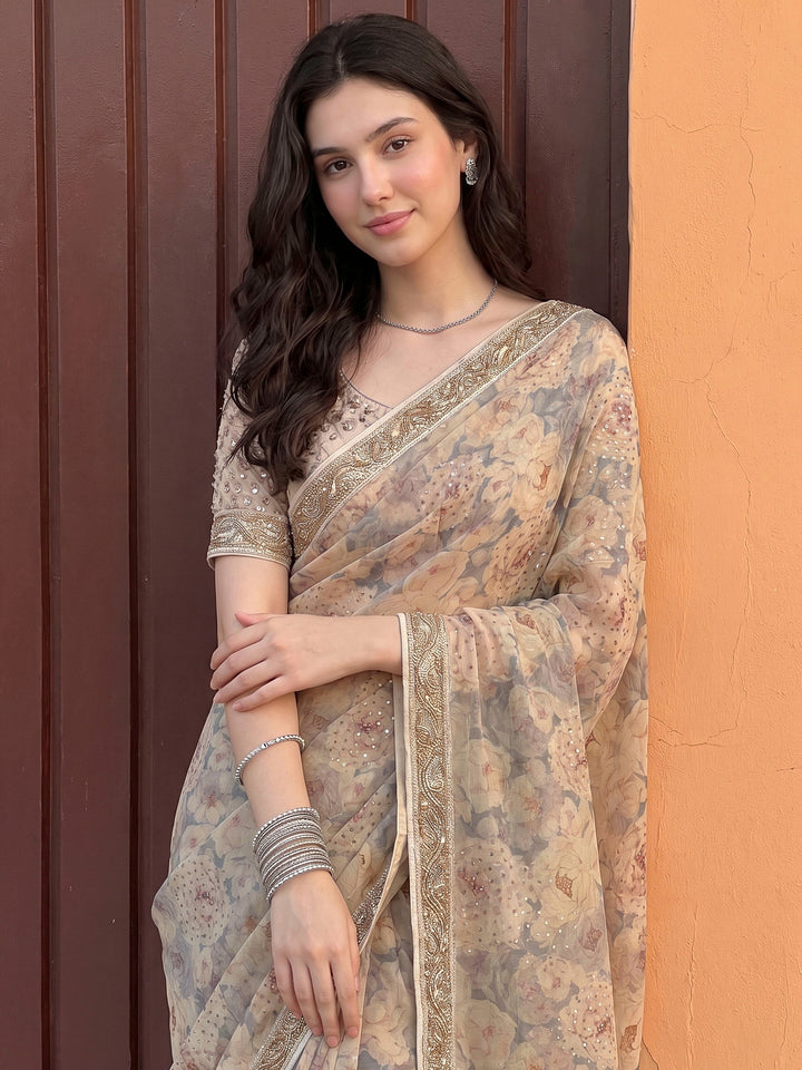 Grey Art Silk Printed Saree