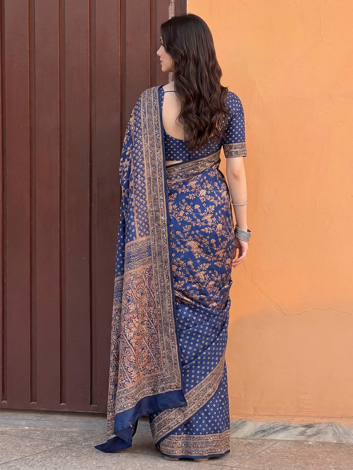 Blue Art Silk Printed Saree