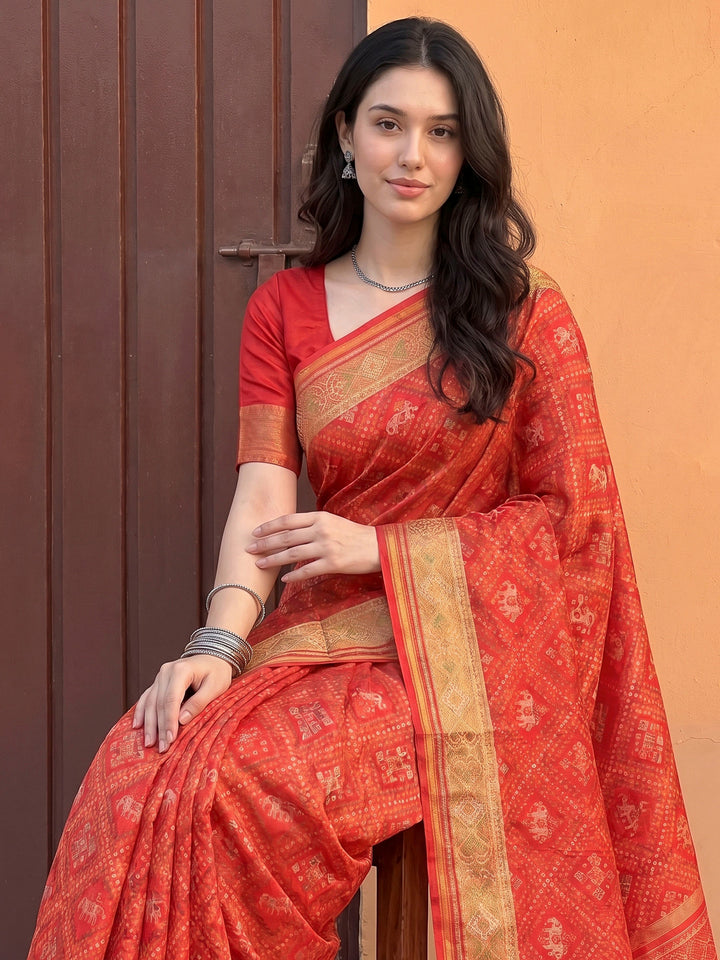 Red Art Silk Woven Saree