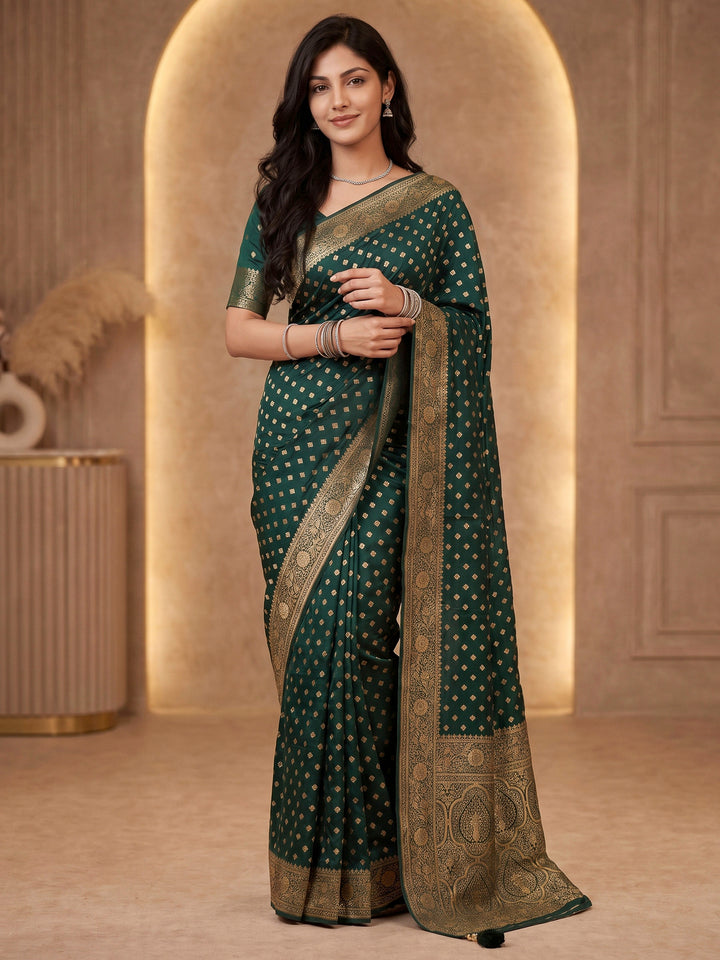 Bottle Green Satin Woven Saree