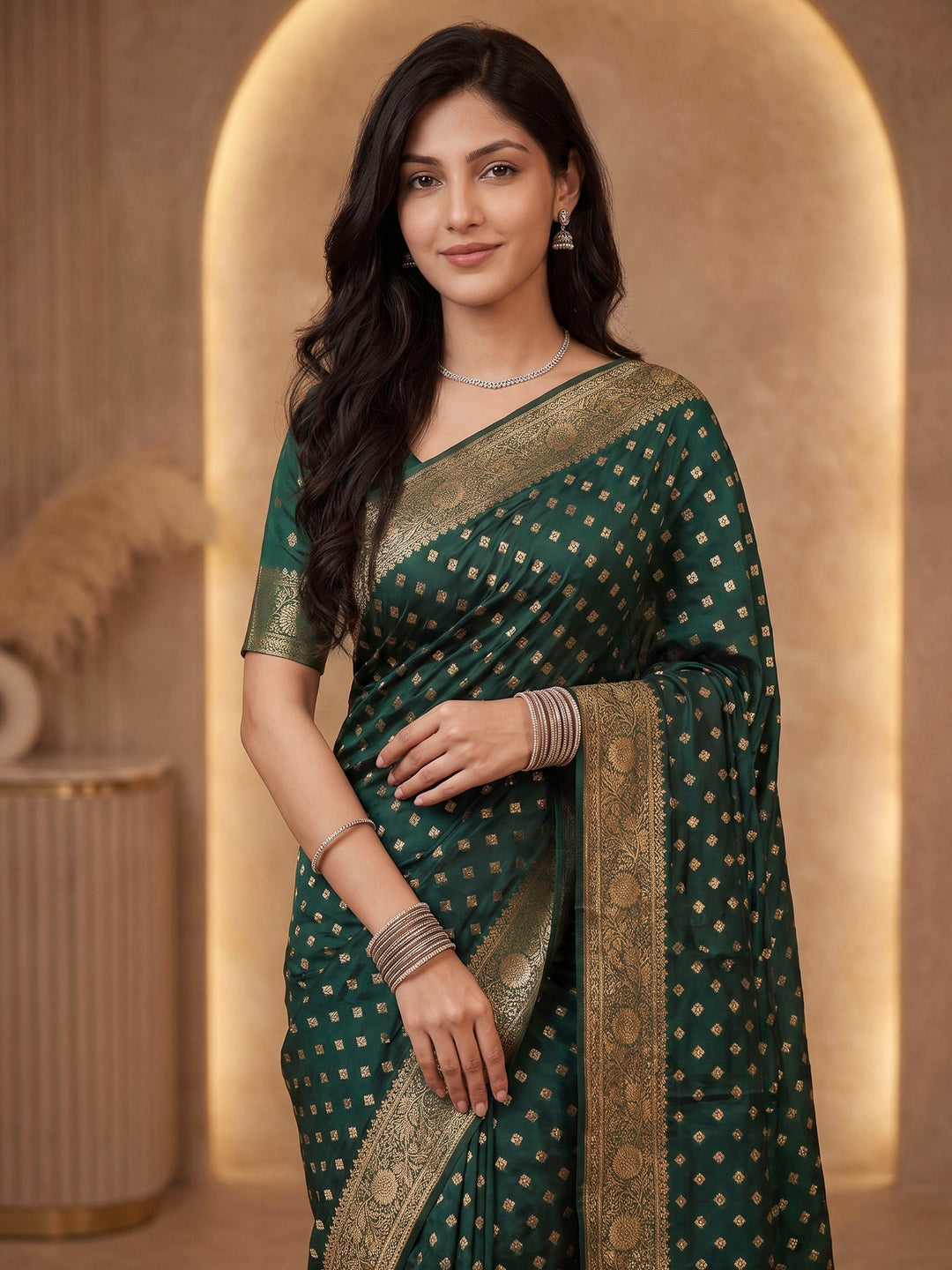 Bottle Green Satin Woven Saree