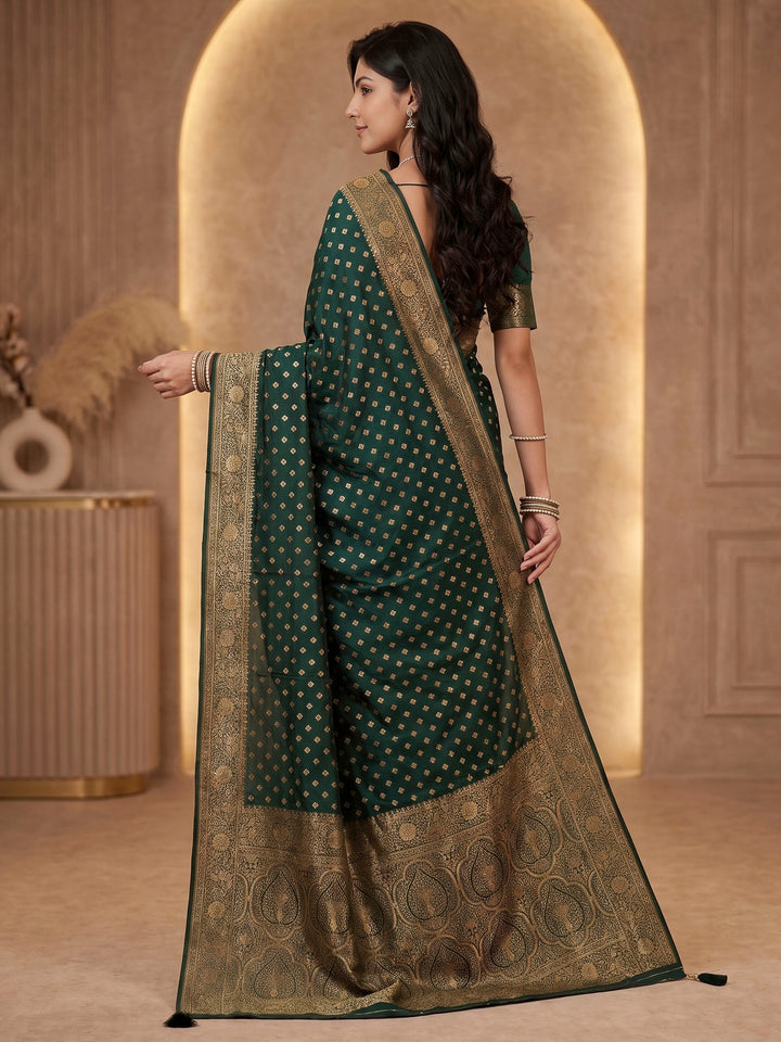 Bottle Green Satin Woven Saree