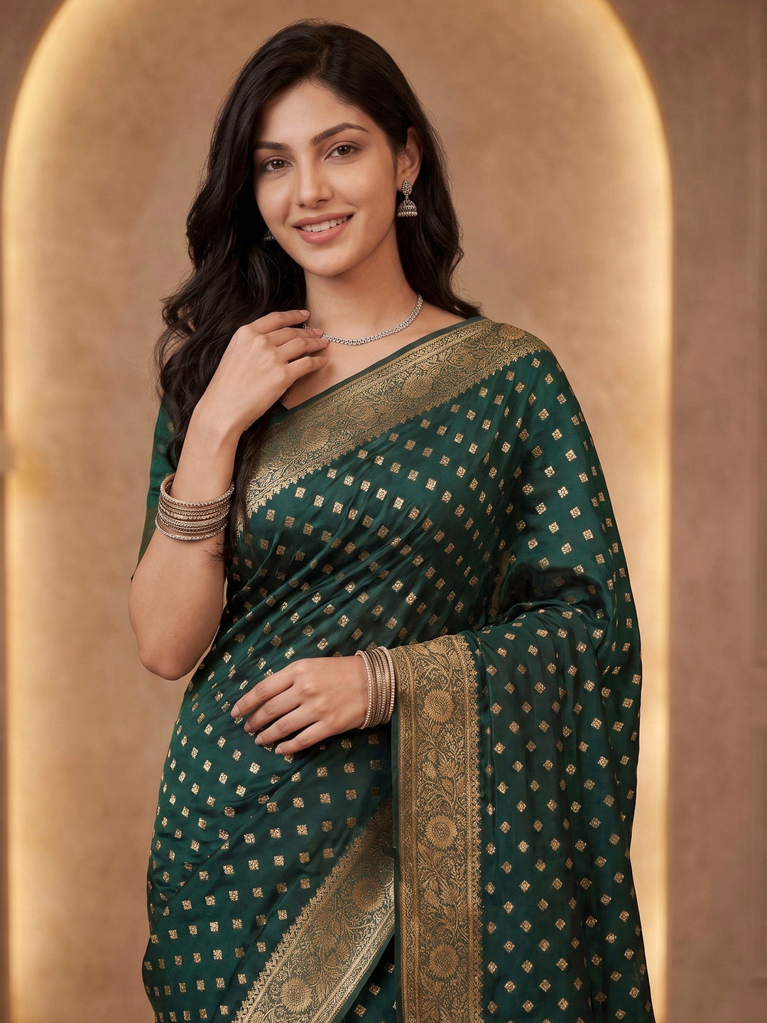 Bottle Green Satin Woven Saree