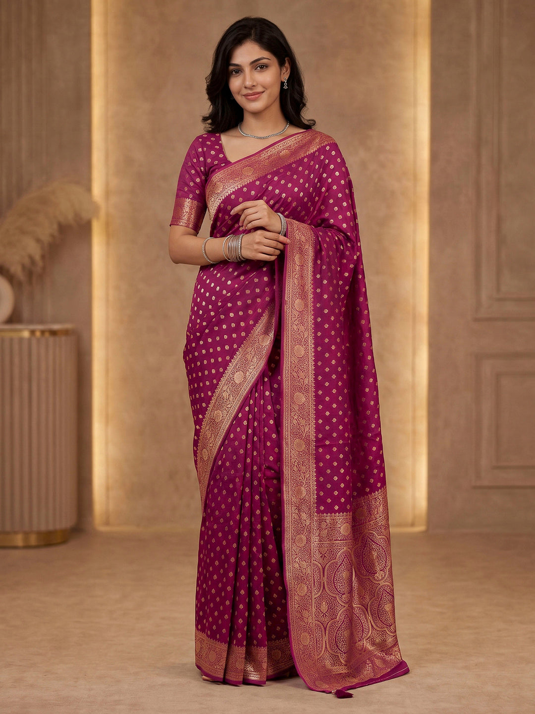 Magenta Satin Woven Saree